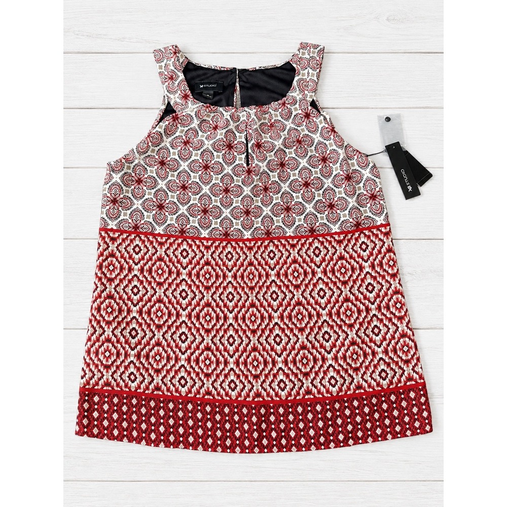 AB Studio Sleeveless Blouse Geometric Paisley Boho Chic Red White NWT Small